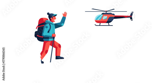 Adventurer Signaling a Helicopter for Aerial Rescue in a Minimalist Vector Style