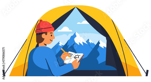 Adventurer In Tent Capturing Majestic Mountain Scenery With Pencil And Paper Today