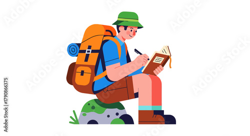 Adventurer In Nature Writes In Notebook, Remembering Hiking Trails And Experiences