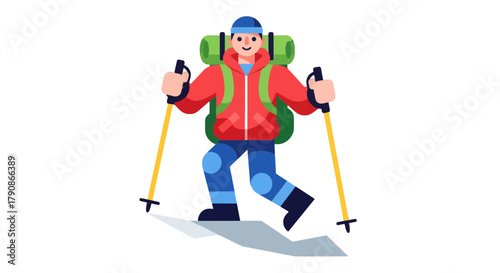 Adventurer In Winter Attire Hiking With Trekking Poles On A Black Background