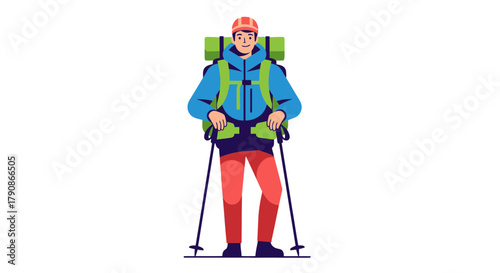 Adventurer Standing Prepared For Hike Outdoors in Colorful Illustration on Black Background