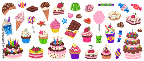 Festive cartoon desserts, baked goods, and candies set. Sweet food collection, birthday cake, cupcakes, ice cream, chocolate, and drinks. Bright sweets for holiday design. Vector illustration.