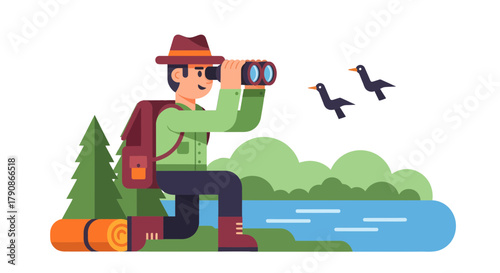 Adventurer Observing Birds in Nature, Enjoying a Peaceful Scene Of Nature And Wildlife