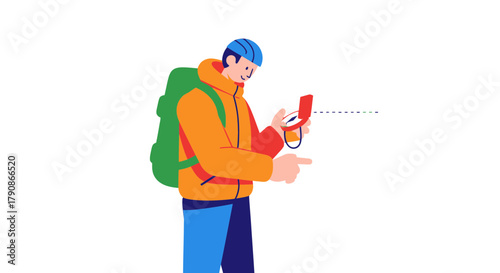 Adventurer Observing Direction With Compass Against Black Background Illustration