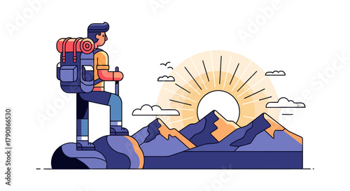 Adventurer Observing Glorious Sunrise From High Peak Above Majestic Mountain Range