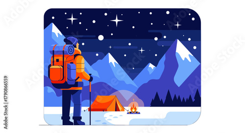 Adventurer Stargazing At Night, Camping Amongst Majestic Blue Mountains in Winter