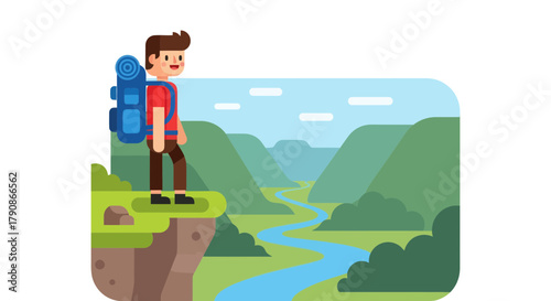 Adventurer Observing Majestic Valley Scenery, Prepared For Outdoor Adventures and Exploration