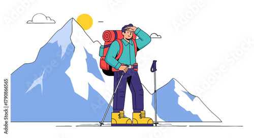 Adventurer Observing Majestic Mountains Under A Sunny Sky During An Expedition