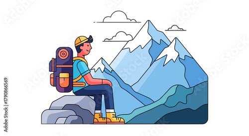 Adventurer Observing Majestic Mountains Under a Sky Full of Clouds in an Amazing Cartoon