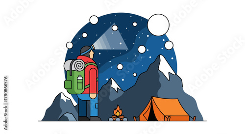 Adventurer Stargazing Under the Night Sky Beside a Campfire, Illustration
