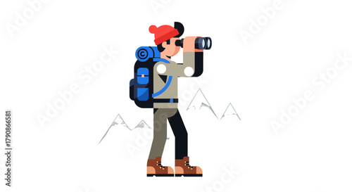 Adventurer Observing Mountains Through Binoculars, A Stylish Cartoon Against Black Background