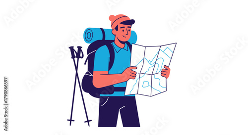 Adventurer Observing Map: Navigating Journey, Exploring New Terrain, Vector Illustration, Planning