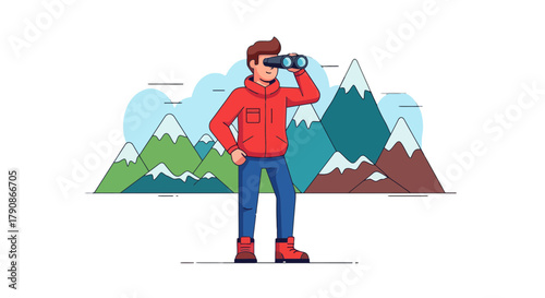 Adventurer Staring Through Binoculars Searching the Highest Mountain Peaks in Nature