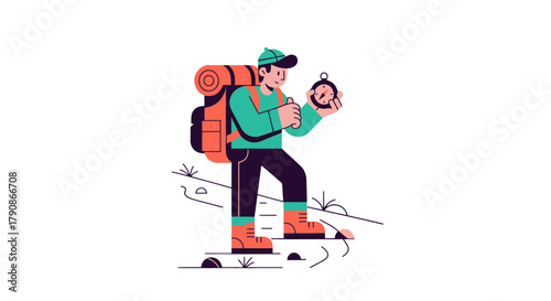 Adventurer Observing Time Using A Compass, Ready To Embark On New Exploration