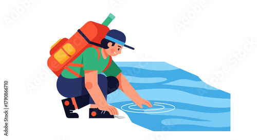 Adventurer Observing Water Movement Beside a River After Hiking a Mountain Trail