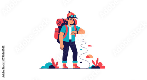 Adventurer Pauses to Check Time During Hike in Mountains, Vector Illustration