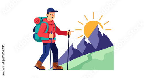Adventurer Striving Toward Mountain Peak, Reaching The Summit, Vector Illustration