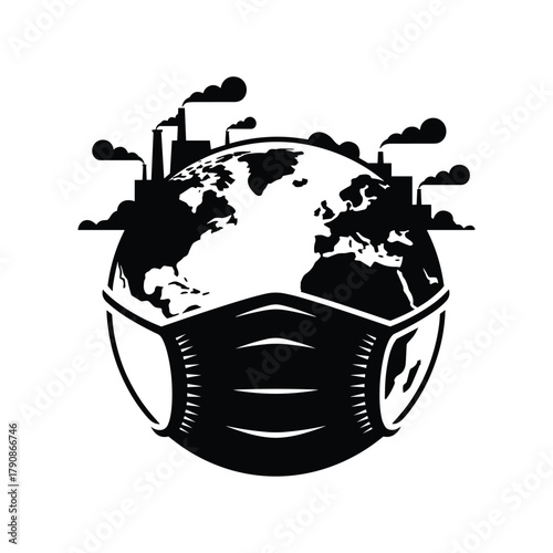 Black silhouette of planet Earth wearing a medical face mask with industrial factories emitting smoke in the background on a white background