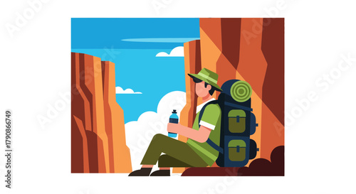Adventurer Pauses To Rehydrate In a Breathtaking Canyon Landscape Scene