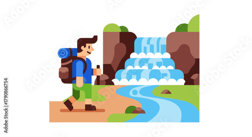 Adventurer Strolling Near Waterfall, Enjoying Nature's Beauty, Simple Illustration Design