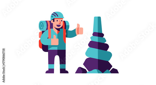 Adventurer Offers Thumbs Up Near Abstract Geometric Stalagmite And Backpack