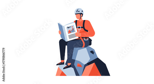 Adventurer Perusing a Map While Resting on a Rocky Formation Planning Trip Concepts