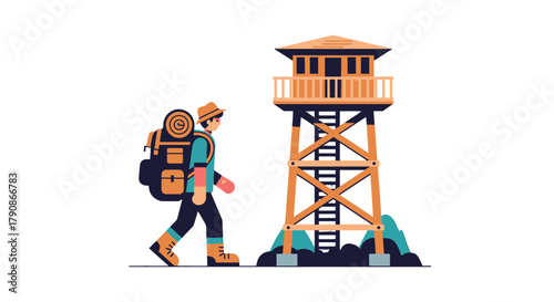 Adventurer Strolling Towards Observation Tower At Dawn With Hiking Equipment