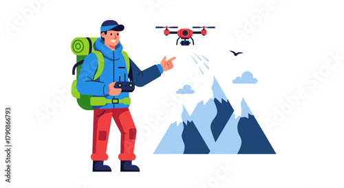 Adventurer Piloting Drone Over Mountain Range Capturing Scenic Views Using His Remote