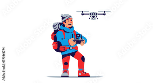 Adventurer Piloting Drone Captures Wonderful Vistas in Colorful Illustration