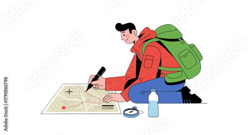 Adventurer Planning Exploration Route on Cartography with Backpack and Water Bottle Ready