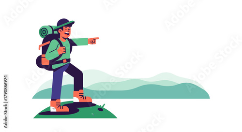 Adventurer Pointing The Way, Hiking With Backpack In Mountains Against Black