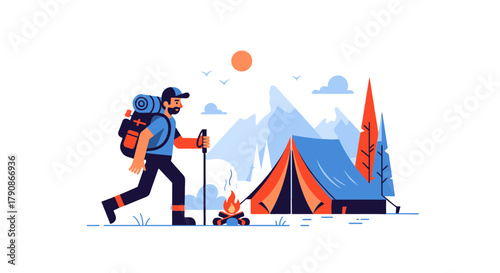 Adventurer Traversing Mountain Terrain Towards a Campsite with Tent and Ascending the Peaks
