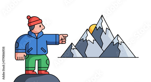 Adventurer Pointing To A Majestic Mountain Range Under A Warm Sunlight