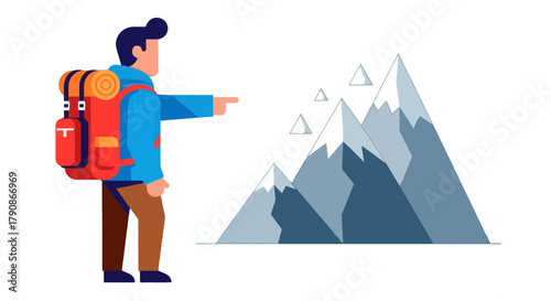 Adventurer Pointing Towards Majestic Snowcapped Peaks and Ready for a Hike Expedition
