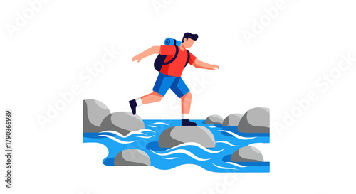 Adventurer Traversing Rocky Terrain Across Flowing River Vector Illustration Design