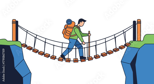 Adventurer Traversing Suspended Bridge Over Precipice During Mountain Expedition