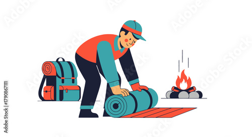 Adventurer Prepares Camp, Unrolling Sleeping Pad, Warm Fire, Camping, Illustration