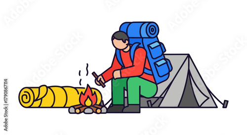 Adventurer Prepares Campfire Beside Tent, Embracing Wilderness And Outdoor Exploration