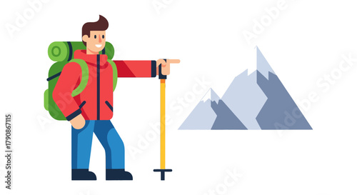 Adventurer Pointing Towards Mountain Peaks Concept for Traveling and Discovering Nature