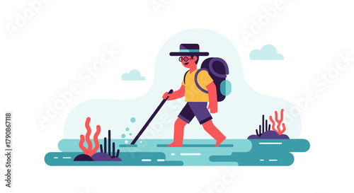 Adventurer Traversing Waterscape with Backpack and Staff Through Minimalist Illustration