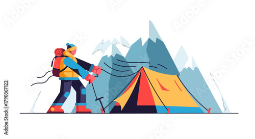 Adventurer Prepares Camp Near Majestic Peaks In Striking Flat Illustration