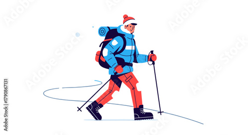 Adventurer Traversing Snowy Terrain In Winter With Trekking Gear And Backpack Ready