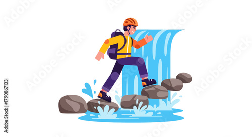 Adventurer Traversing Waterfall, Conquering Obstacles, Achieving Mountain Climbing Goals