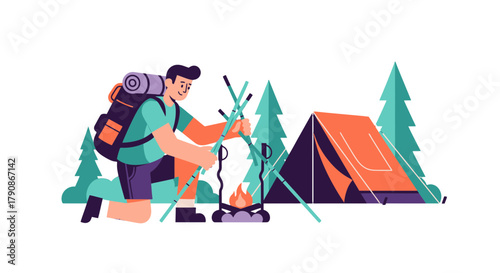 Adventurer Prepares Campfire Near Tent Amidst Forest For Outdoor Relaxation