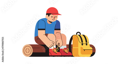 Adventurer Tying Boots Preparing For A Hiking Trek With His Backpack On Log