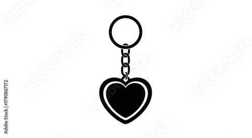 A black and white illustration of a heart shaped keychain with a chain