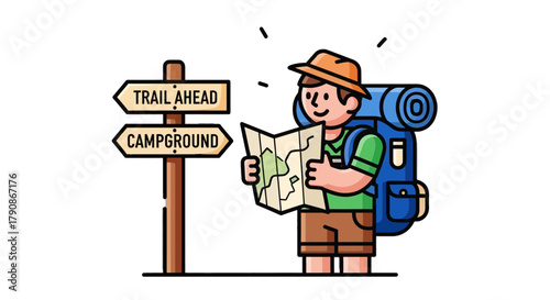 Adventurer Using A Map To Find The Path To The Campground And Trail Ahead Journey