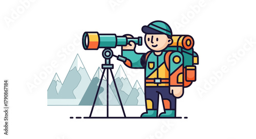 Adventurer Using A Telescope To Explore Snowy Mountains And Enjoy Nature's Majesty