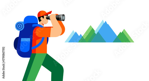 Adventurer Using Binoculars to Explore the Mountainous Landscape Vector Illustration