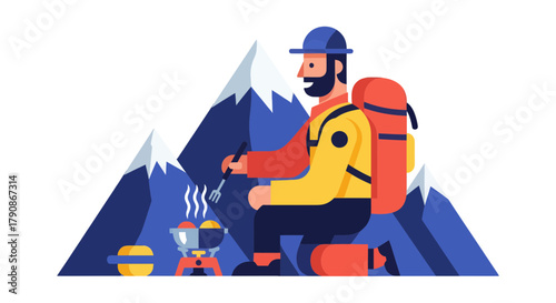 Adventurer Prepares Food At Campsite In The Majestic Mountain Ranges At Dusk